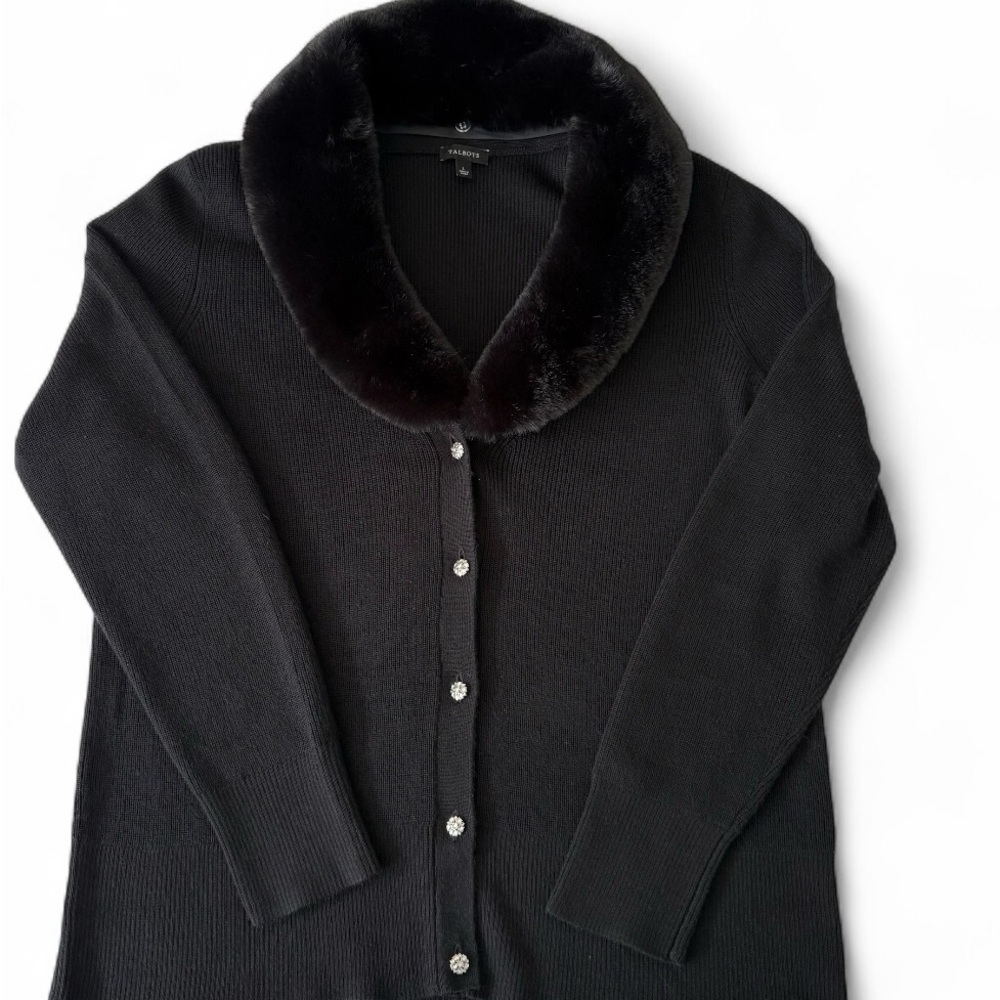 Talbots Dressy Black Cardigan,Faux Fur Collar, Sparkly Buttons